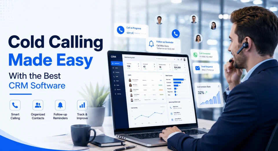 A professional salesperson using CRM software on a laptop while making a cold call with a wireless headset in a modern office. The screen displays sales dashboards, lead management tools, follow-up reminders, and analytics.