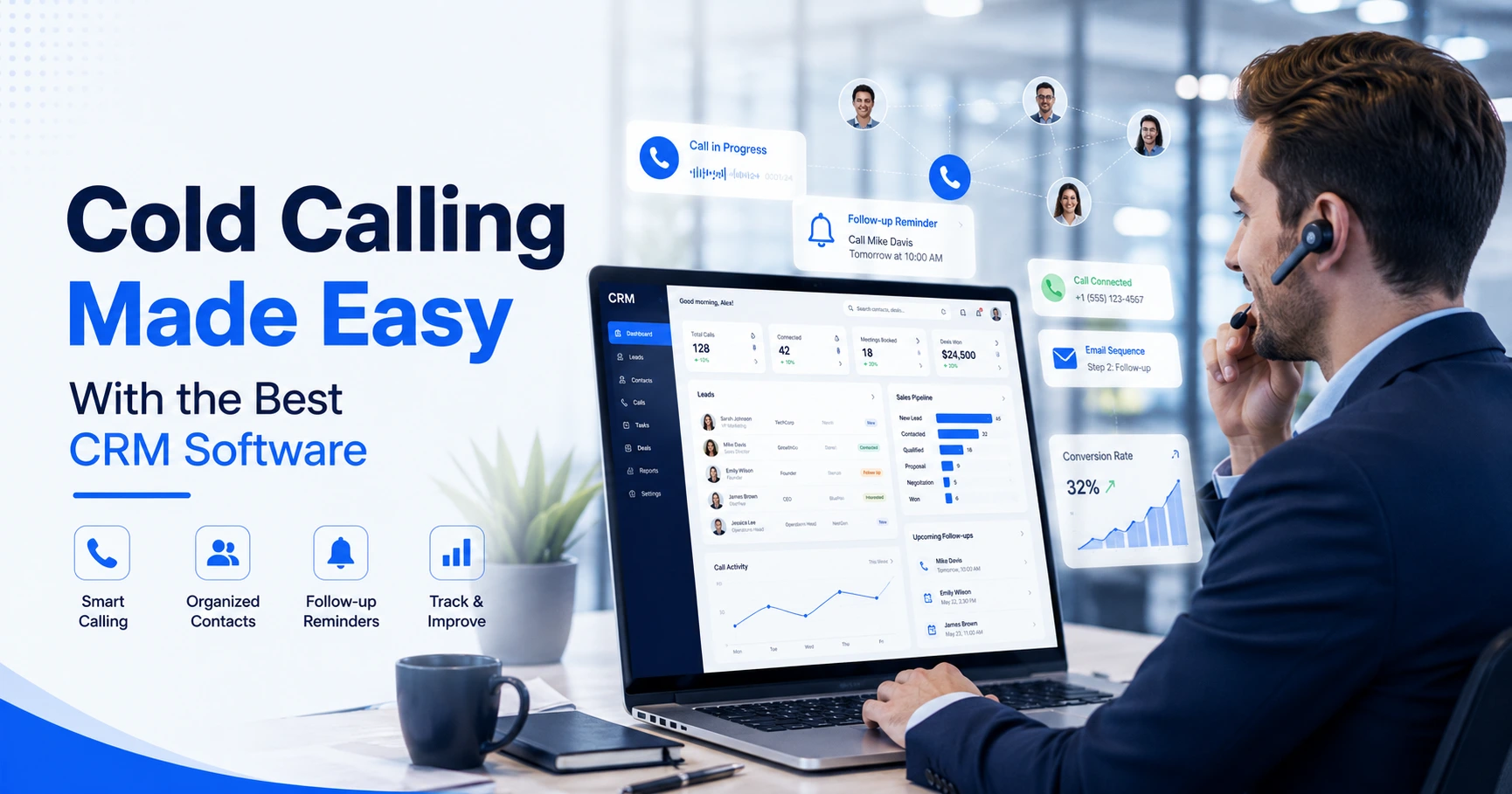 A professional salesperson using CRM software on a laptop while making a cold call with a wireless headset in a modern office. The screen displays sales dashboards, lead management tools, follow-up reminders, and analytics.